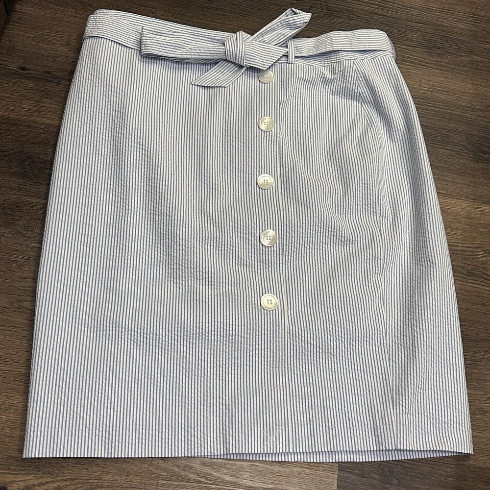 NWT Talbots Petites Skirt Women's 16P Blue White Midi Button Coastal Summer